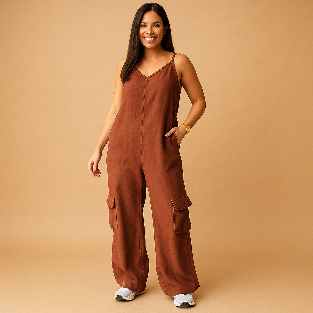Stylish women’s denim jumpsuit with V-neckline and open back, made from 100% cotton, perfect for summer, festivals, and casual days out.