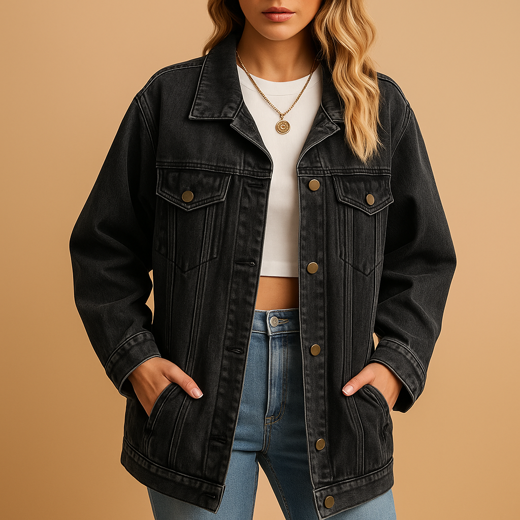 Women’s denim winter jacket with slim fit, warm lining and classic button closure, ideal for cold seasons and everyday outfits.