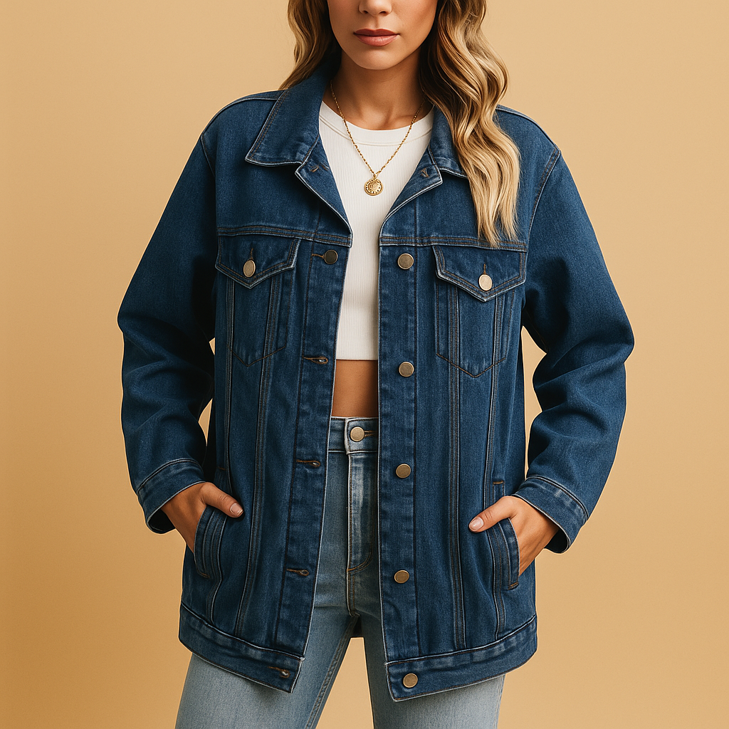 Women’s denim winter jacket with slim fit, warm lining and classic button closure, ideal for cold seasons and everyday outfits.