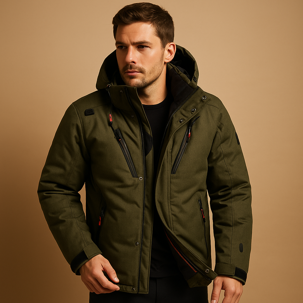 Men’s down parka winter jacket with removable hood and 90% insulation, perfect for cold weather and outdoor activities.