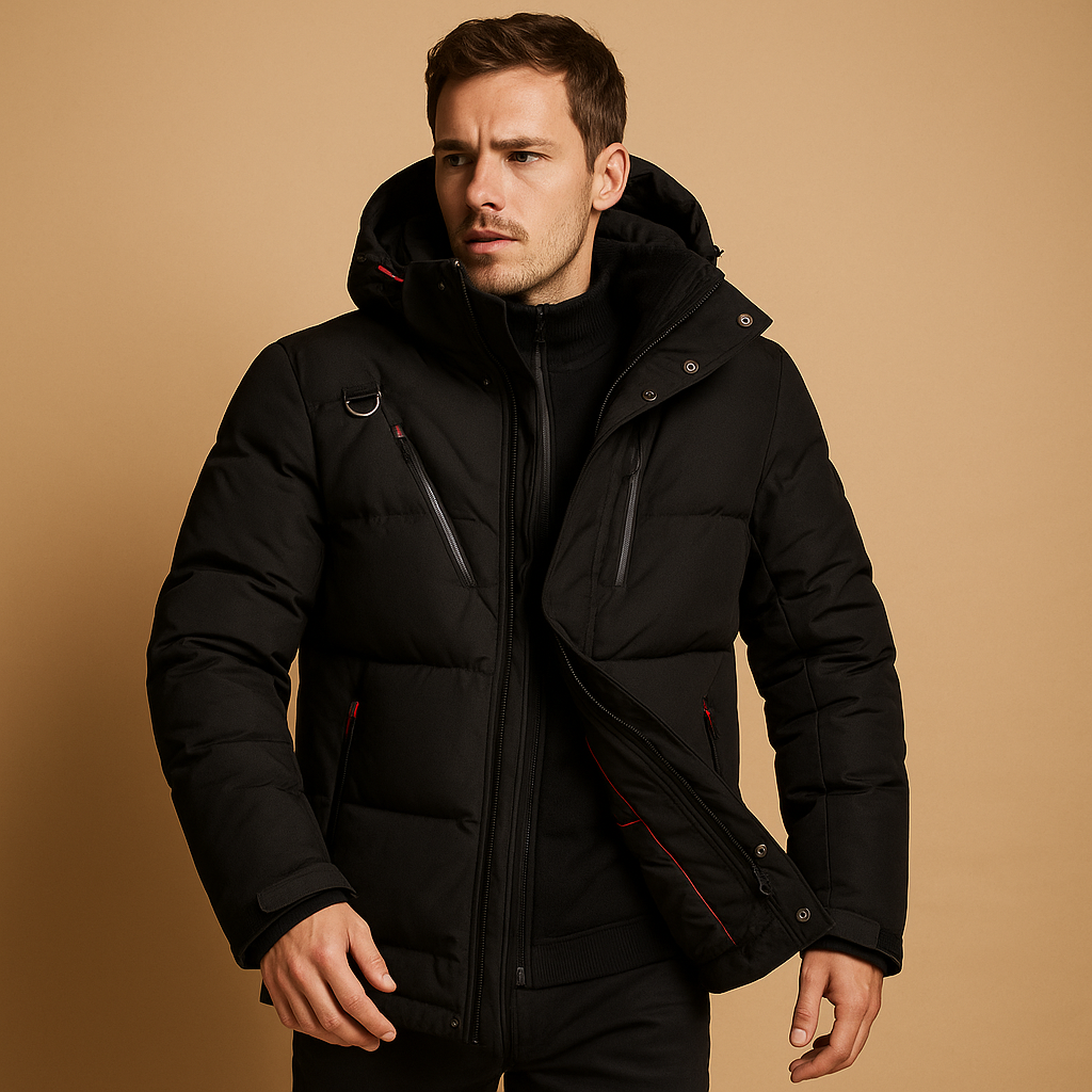Men’s down parka winter jacket with removable hood and 90% insulation, perfect for cold weather and outdoor activities.