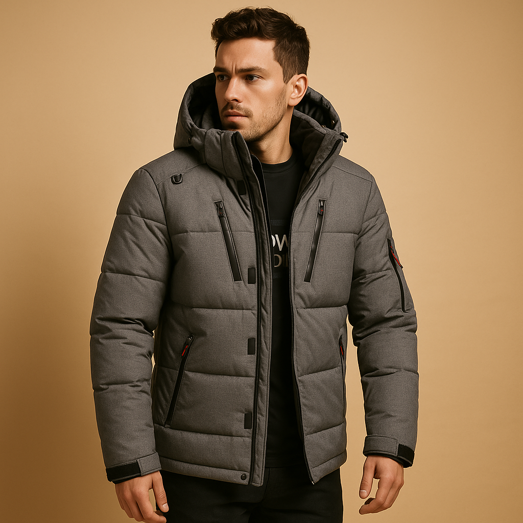 Men’s down parka winter jacket with removable hood and 90% insulation, perfect for cold weather and outdoor activities.