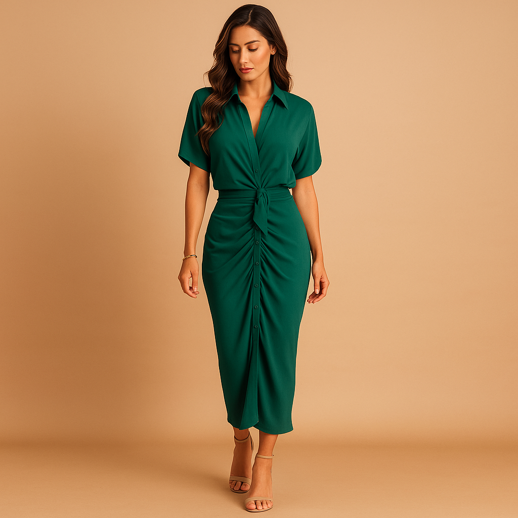 Elegant ankle-length dress for women with draping and V-neckline, perfect for galas, evening parties, and formal occasions.