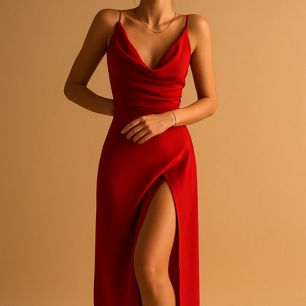 Women’s elegant V-neck maxi dress with flowing fit and back zipper, perfect for weddings, galas, and formal occasions.