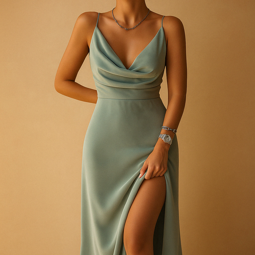 Women’s elegant V-neck maxi dress with flowing fit and back zipper, perfect for weddings, galas, and formal occasions.