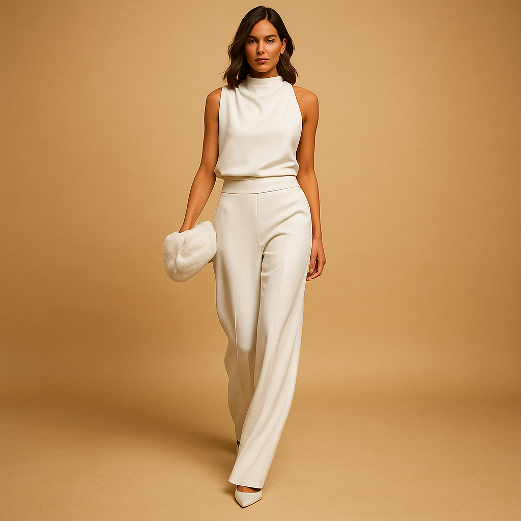 Women’s halter jumpsuit with wide legs, high waist, and bow detail – perfect for parties, dinners, and stylish seasonal outings.
