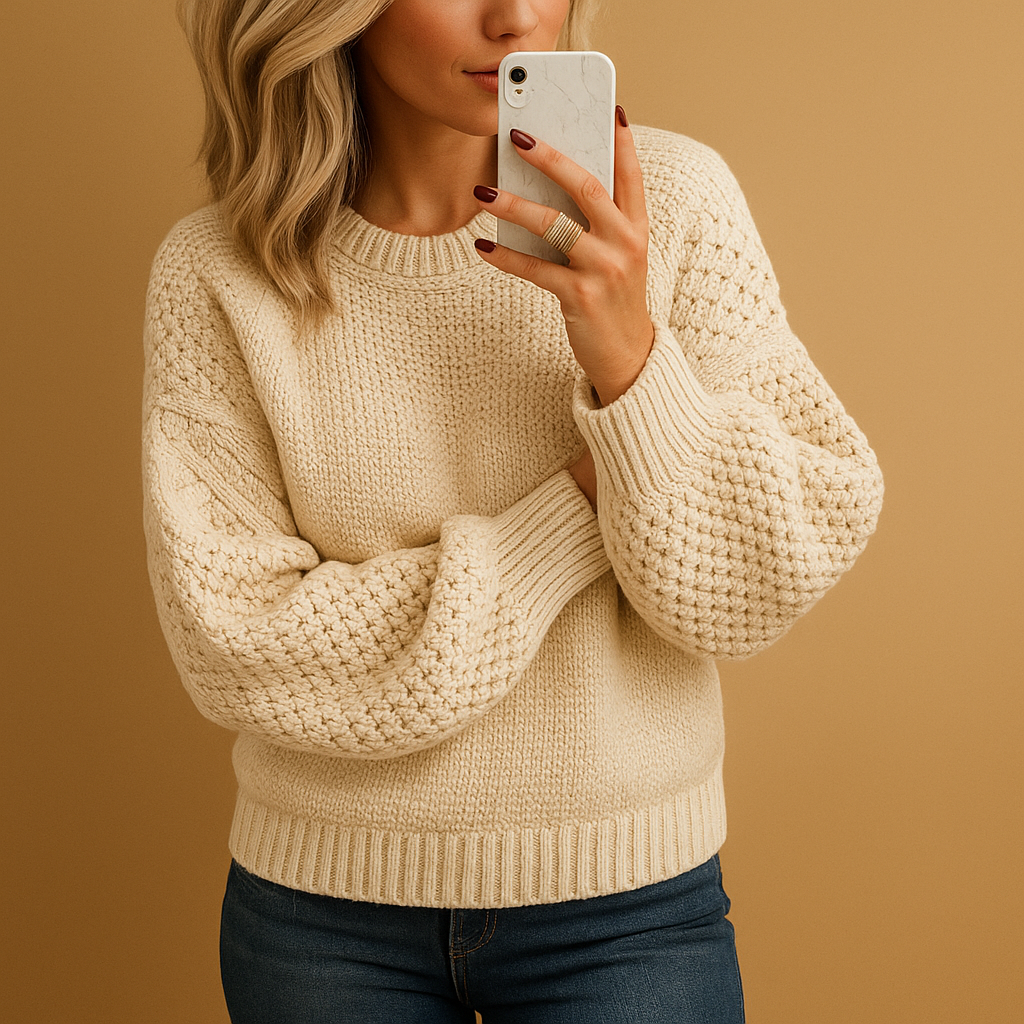 Elegant knitted sweater for women in warm tones, designed with a timeless fit. Perfect for autumn and winter casual or formal looks.
