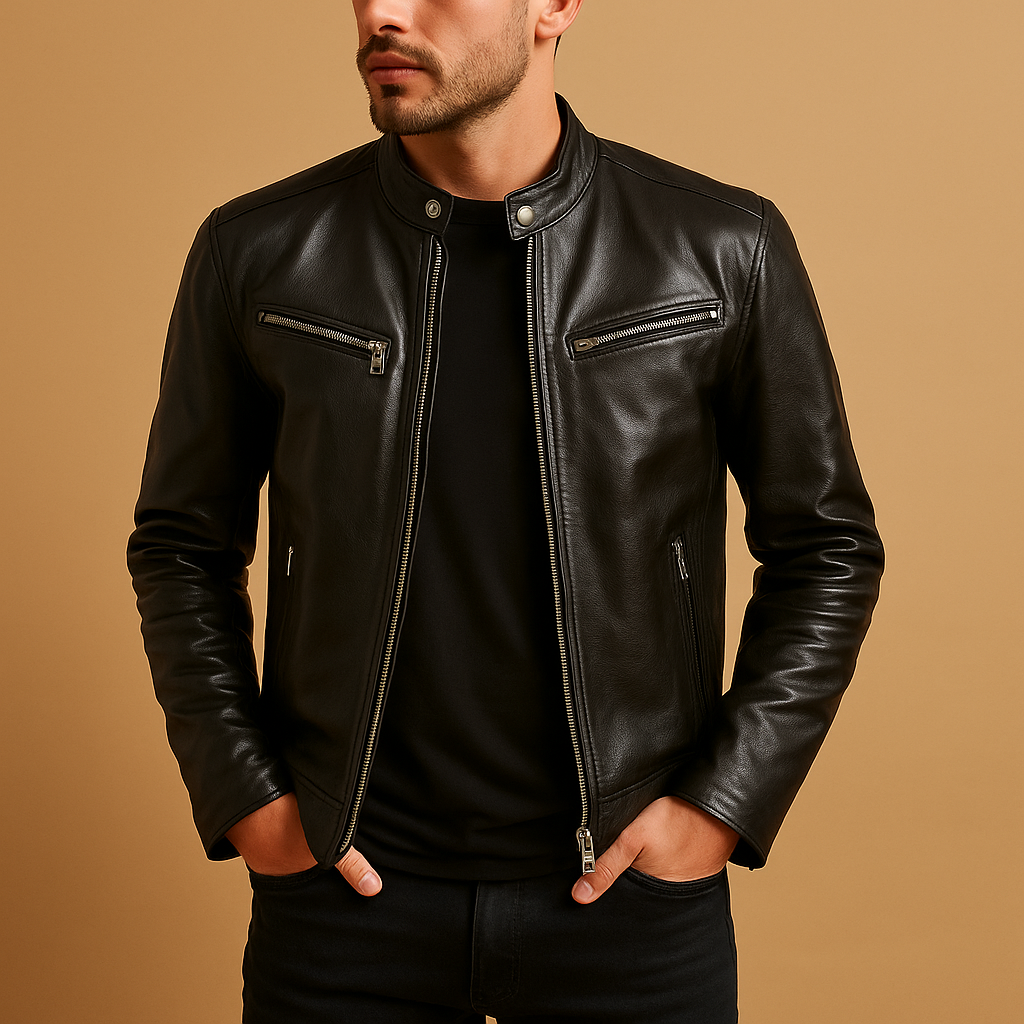 Men’s elegant leather mid-season jacket made from high-quality PU leather, perfect for casual and formal outfits in any season.