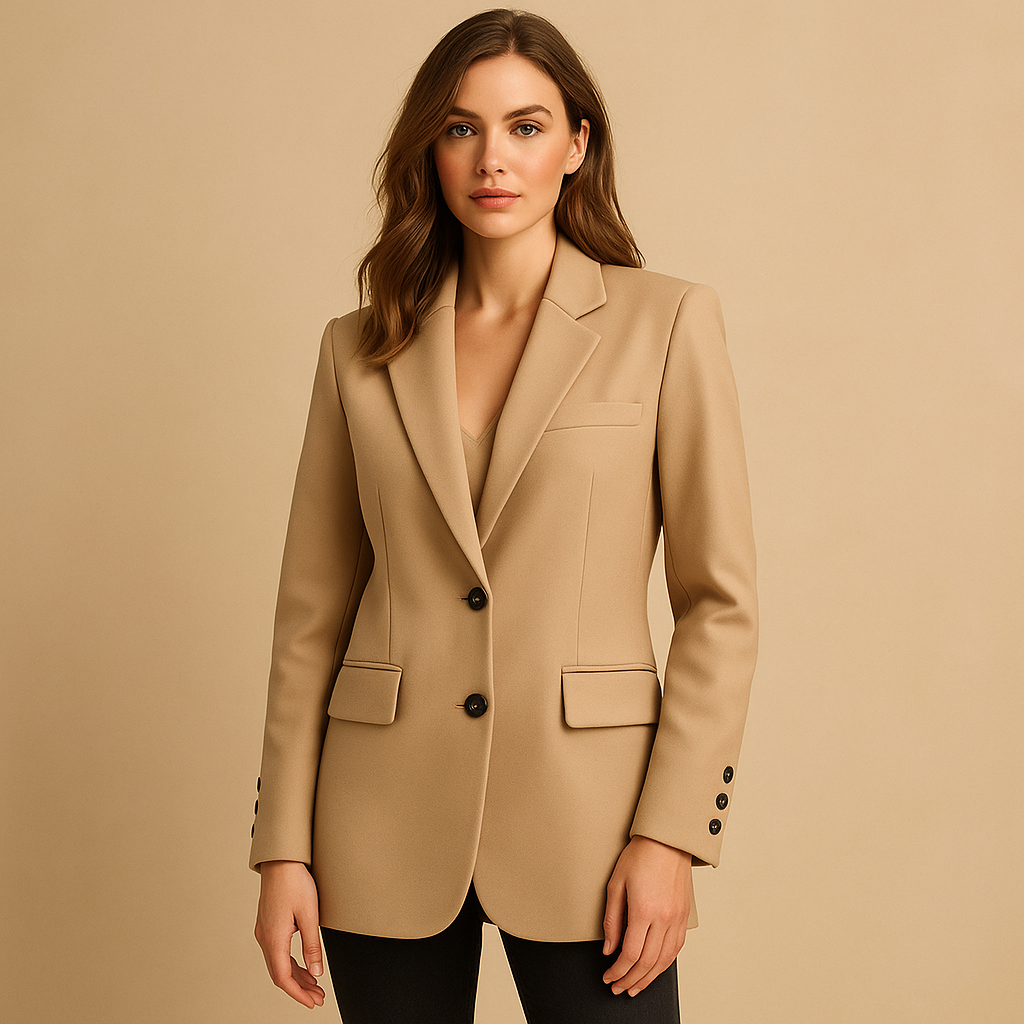 Long blazer coat for women with a timeless silhouette and modern details, suitable for formal events or everyday outfits.