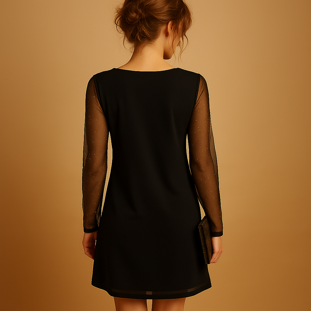 Women’s elegant black mini dress with V-neck and long sleeves, perfect for parties, evenings, and casual chic occasions.