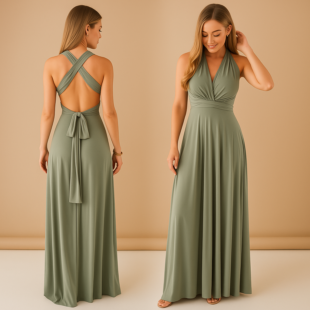 Elegant multiway wrap dress for women with long straps and pleated waist, offering over 20 styling options. Perfect for weddings and special events.