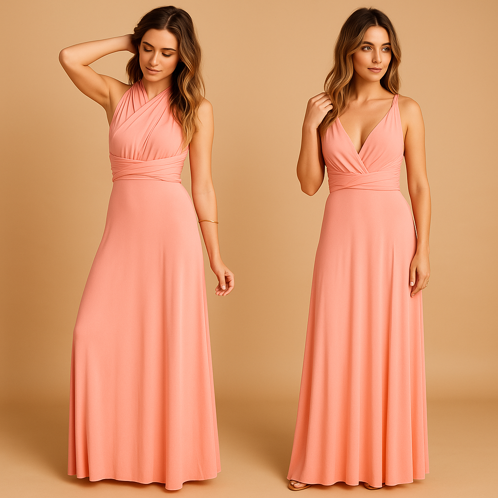 Elegant multiway wrap dress for women with long straps and pleated waist, offering over 20 styling options. Perfect for weddings and special events.