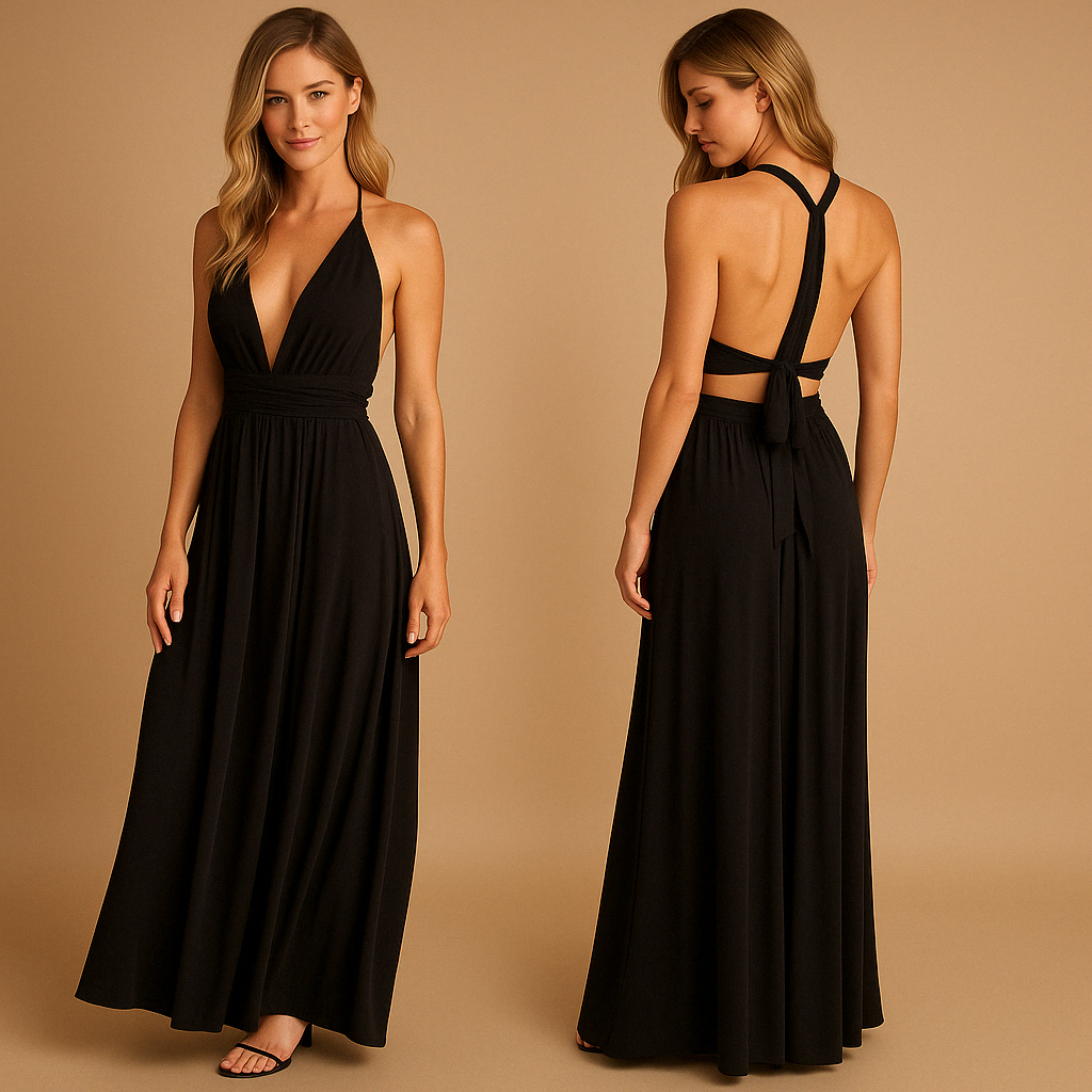 Elegant multiway wrap dress for women with long straps and pleated waist, offering over 20 styling options. Perfect for weddings and special events.