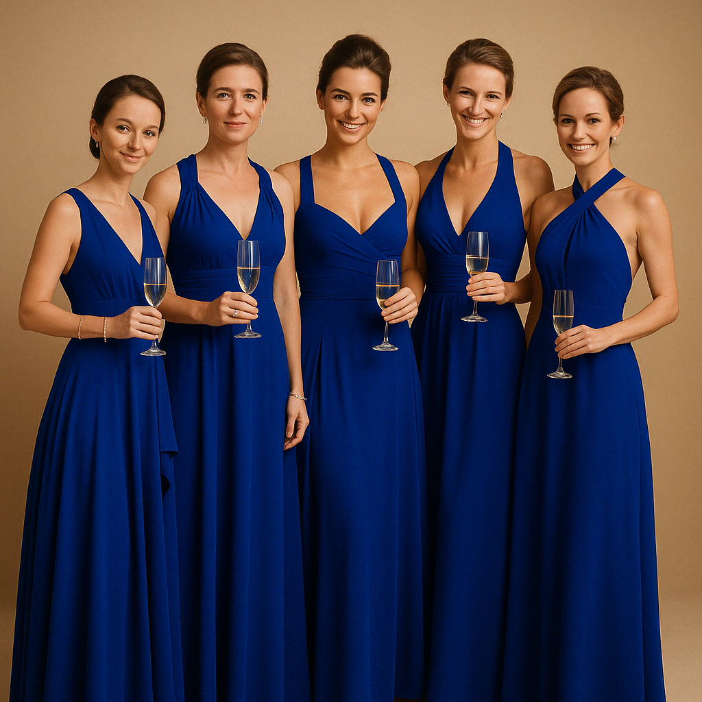 Elegant multiway wrap dress for women with long straps and pleated waist, offering over 20 styling options. Perfect for weddings and special events.
