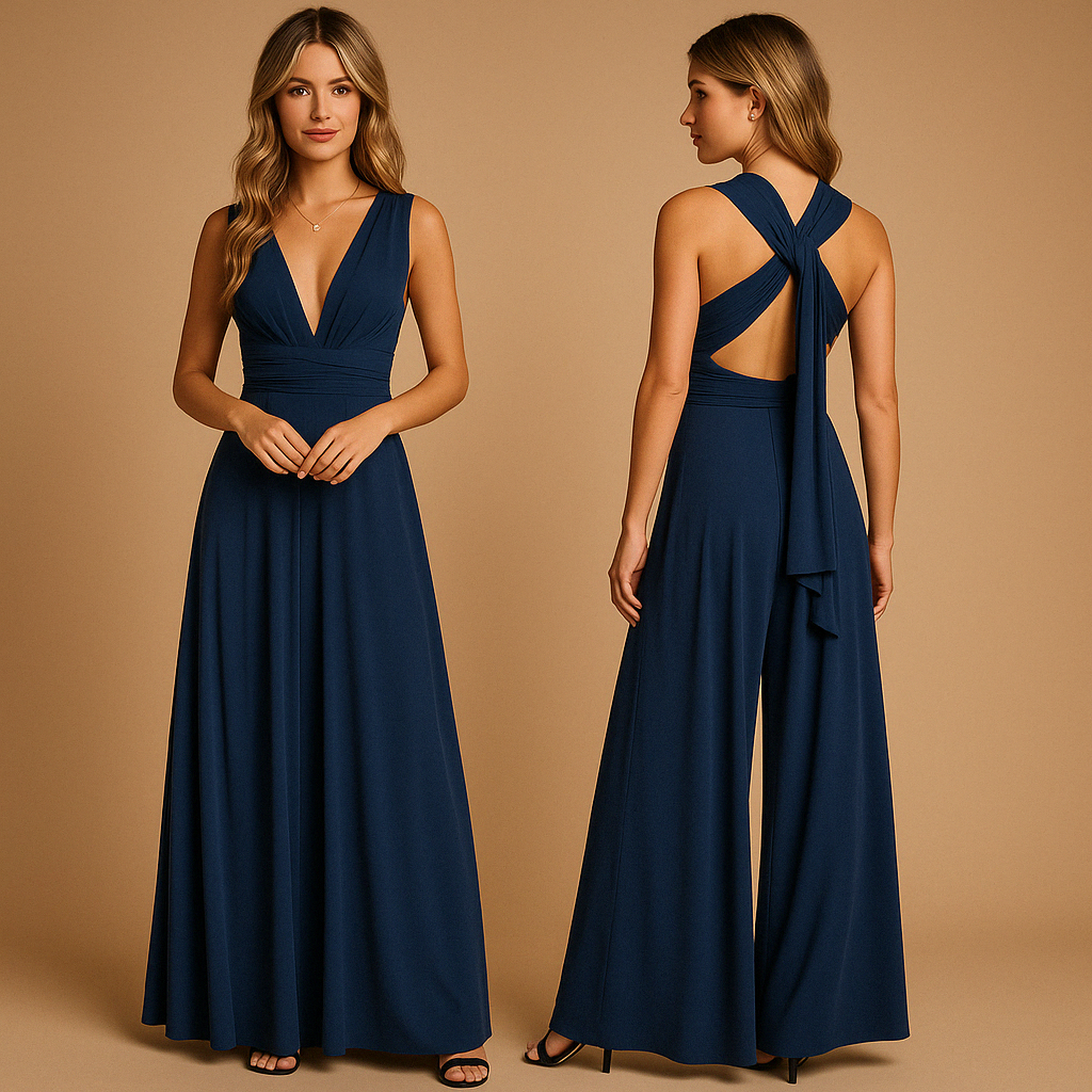 Elegant multiway wrap dress for women with long straps and pleated waist, offering over 20 styling options. Perfect for weddings and special events.