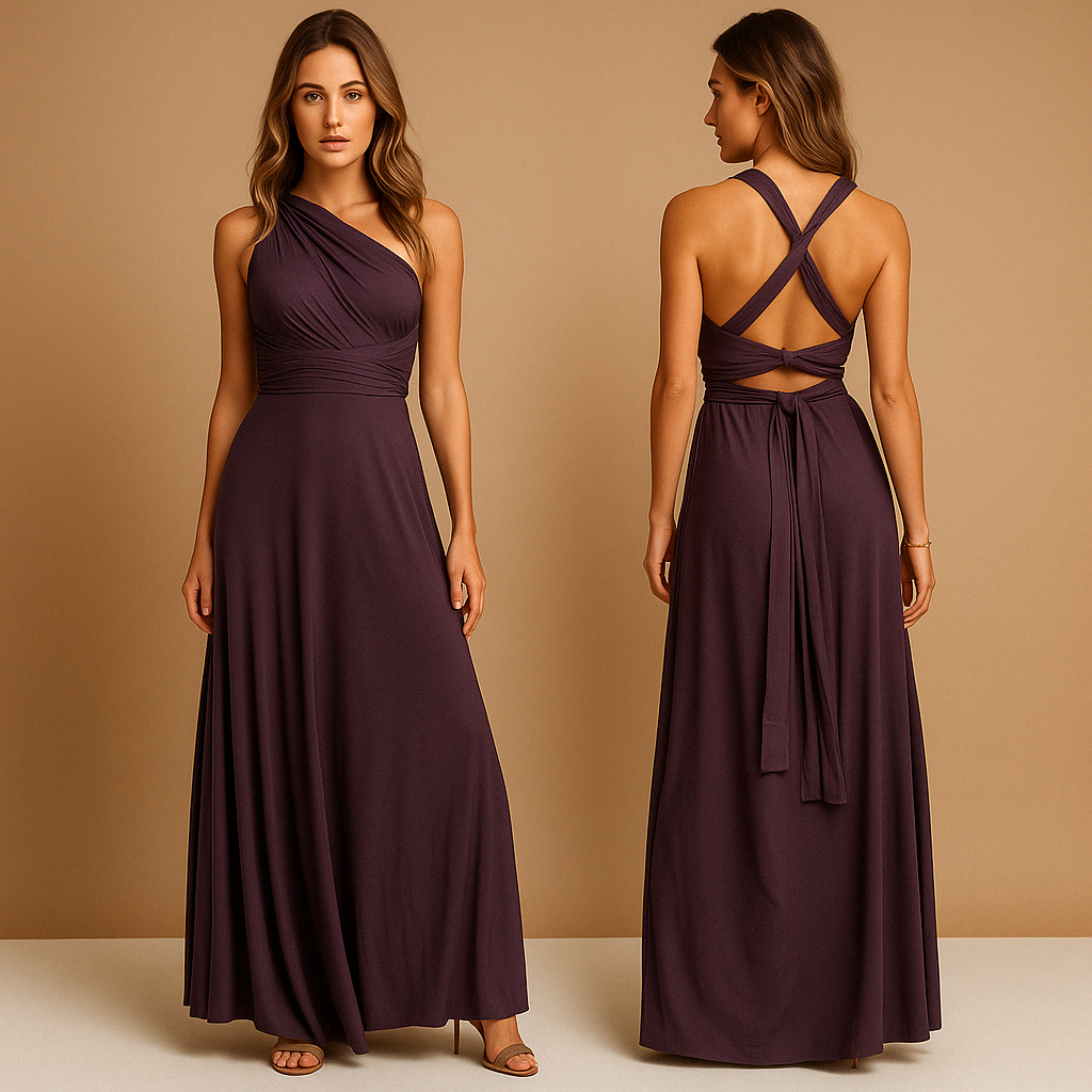 Elegant multiway wrap dress for women with long straps and pleated waist, offering over 20 styling options. Perfect for weddings and special events.
