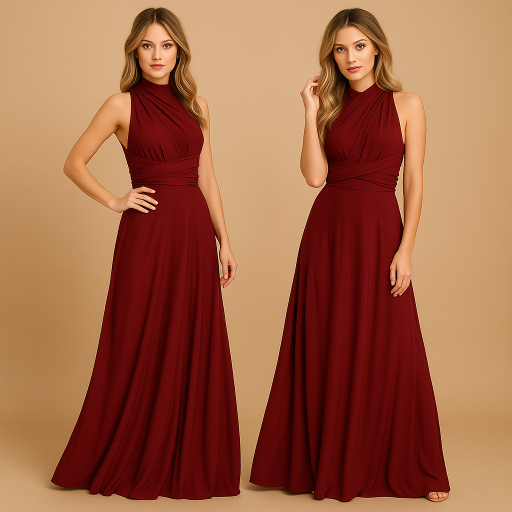 Elegant multiway wrap dress for women with long straps and pleated waist, offering over 20 styling options. Perfect for weddings and special events.