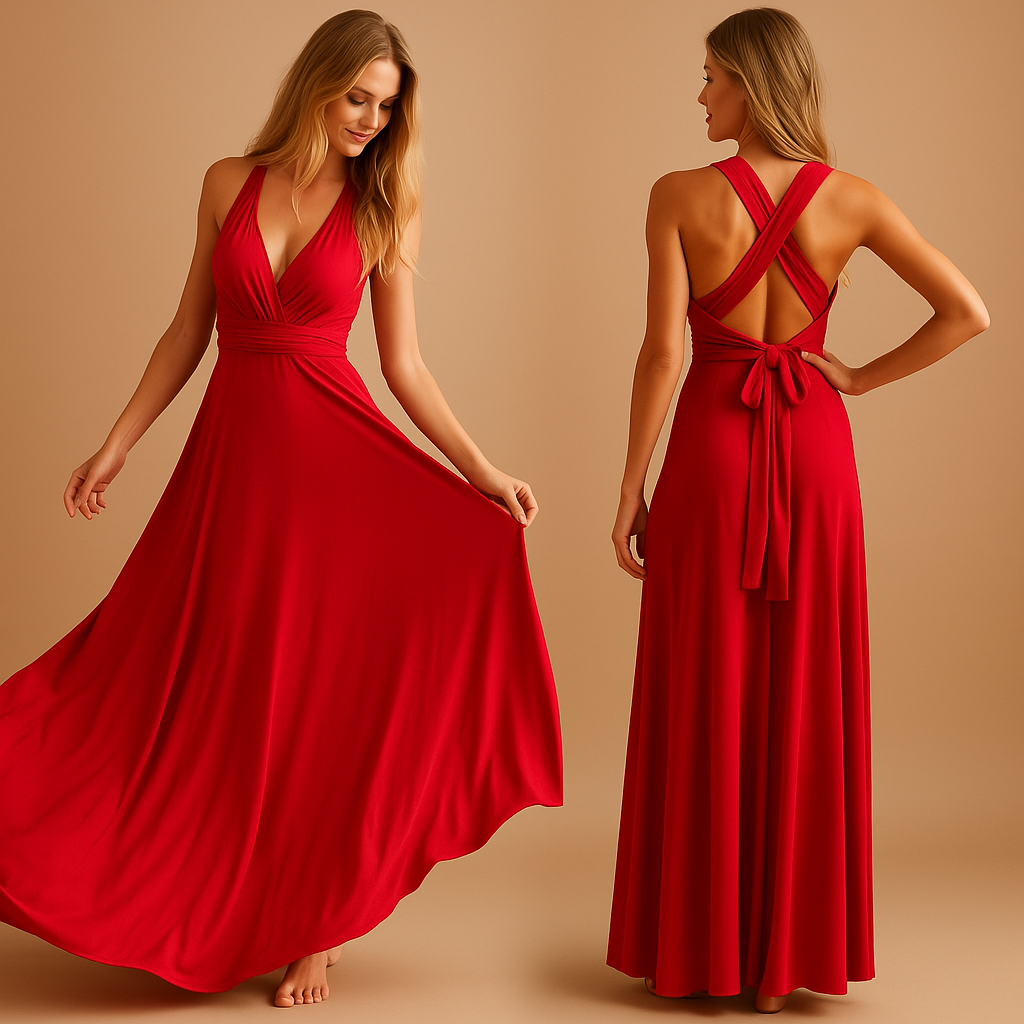 Elegant multiway wrap dress for women with long straps and pleated waist, offering over 20 styling options. Perfect for weddings and special events.