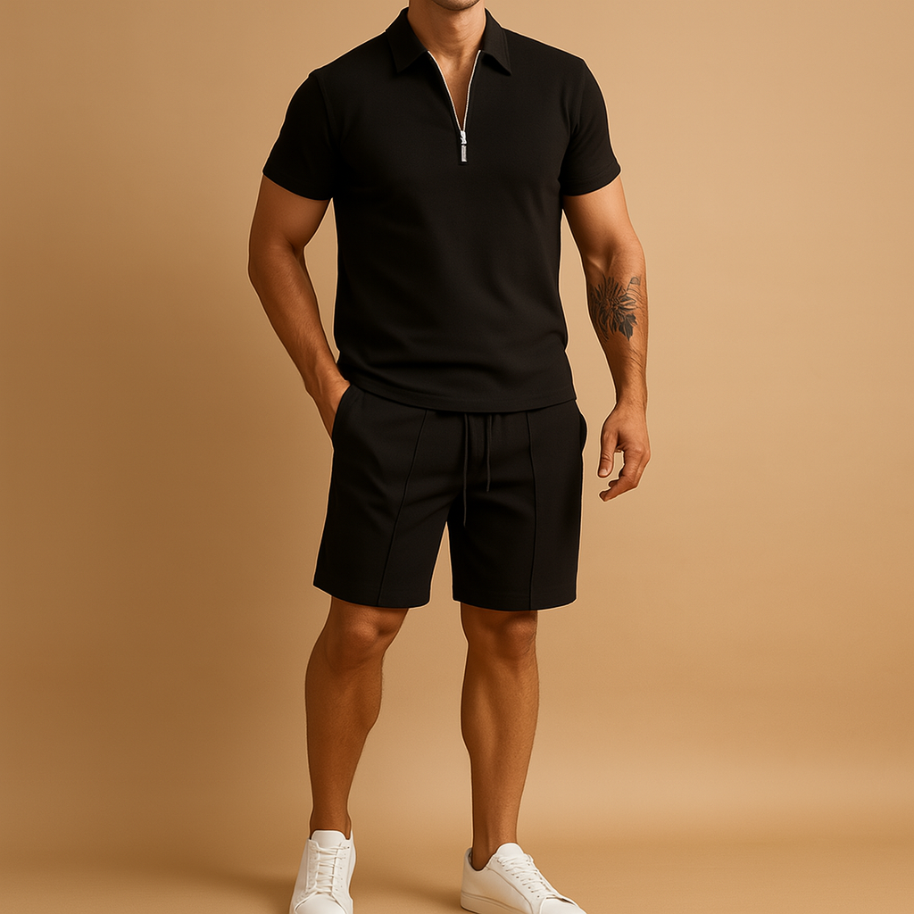 Men’s elegant polo short set with slim fit, perfect for summer occasions, dinners, and vacation wear.