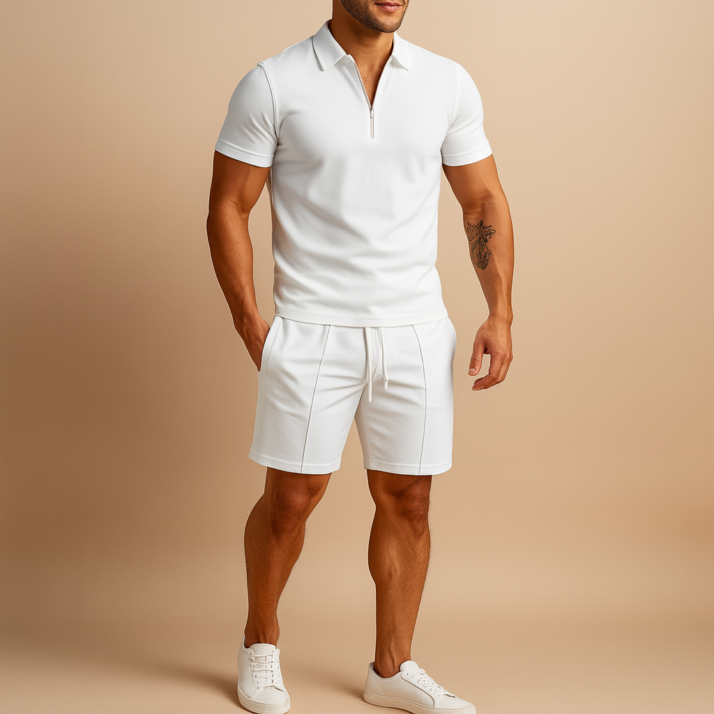 Men’s elegant polo short set with slim fit, perfect for summer occasions, dinners, and vacation wear.