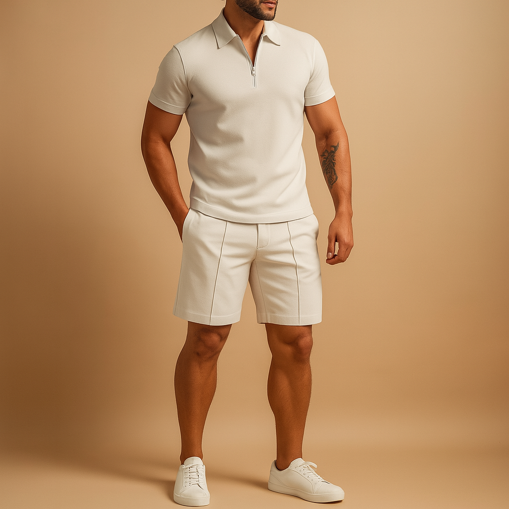 Men’s elegant polo short set with slim fit, perfect for summer occasions, dinners, and vacation wear.