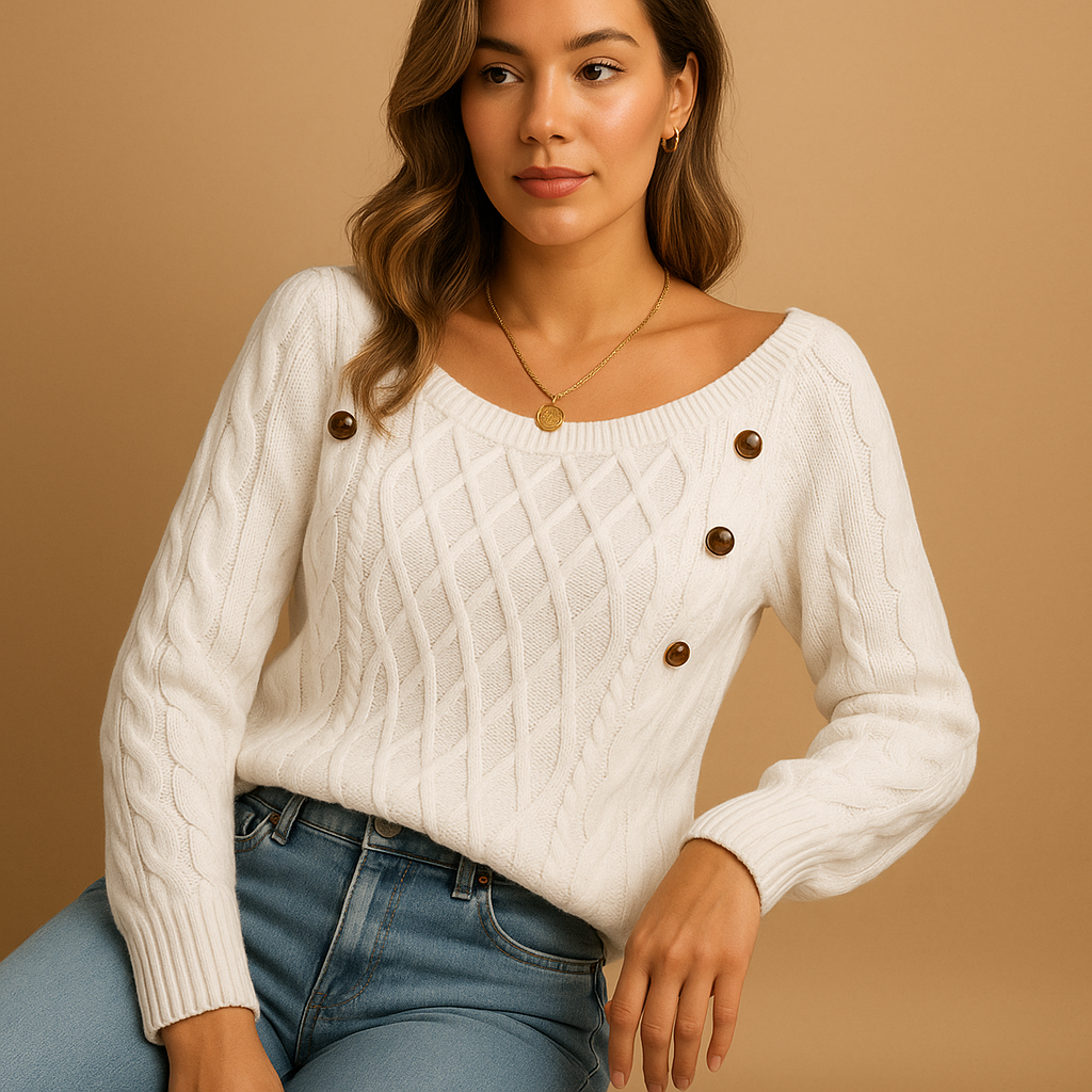 Elegant women’s ribbed knitted sweater with relaxed stretchy fit and soft warm fabric, ideal for autumn and winter layering.