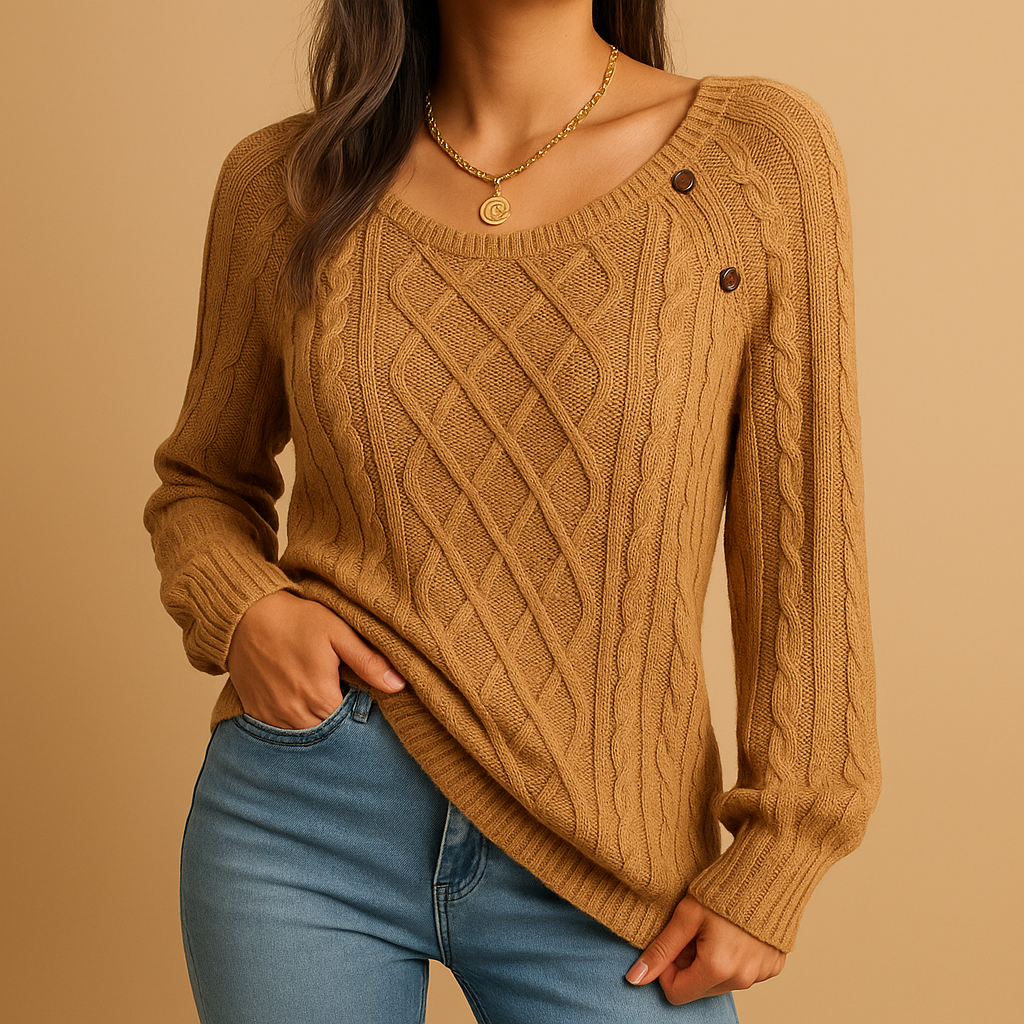 Elegant women’s ribbed knitted sweater with relaxed stretchy fit and soft warm fabric, ideal for autumn and winter layering.