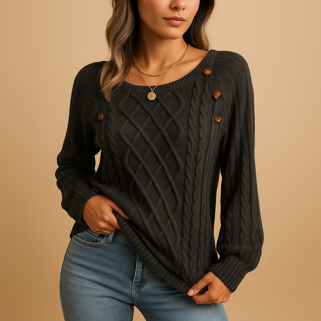 Elegant women’s ribbed knitted sweater with relaxed stretchy fit and soft warm fabric, ideal for autumn and winter layering.