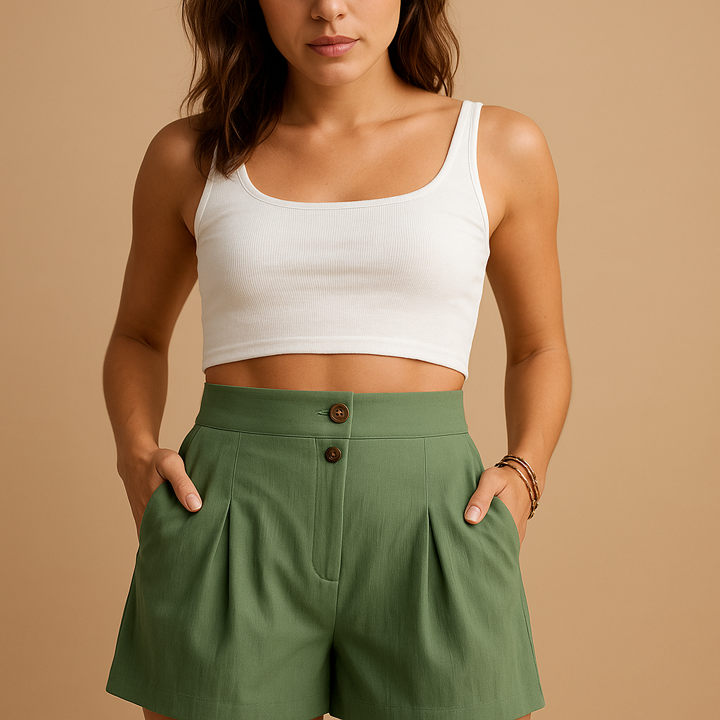 Women’s elegant shorts with flattering fit and double button detail, perfect for summer outfits, brunch, and casual everyday looks.