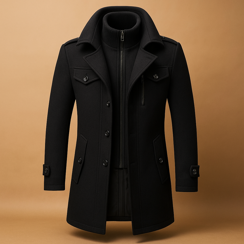 Men’s slim fit winter coat with tailored design and two-piece construction, perfect for formal and casual winter occasions.