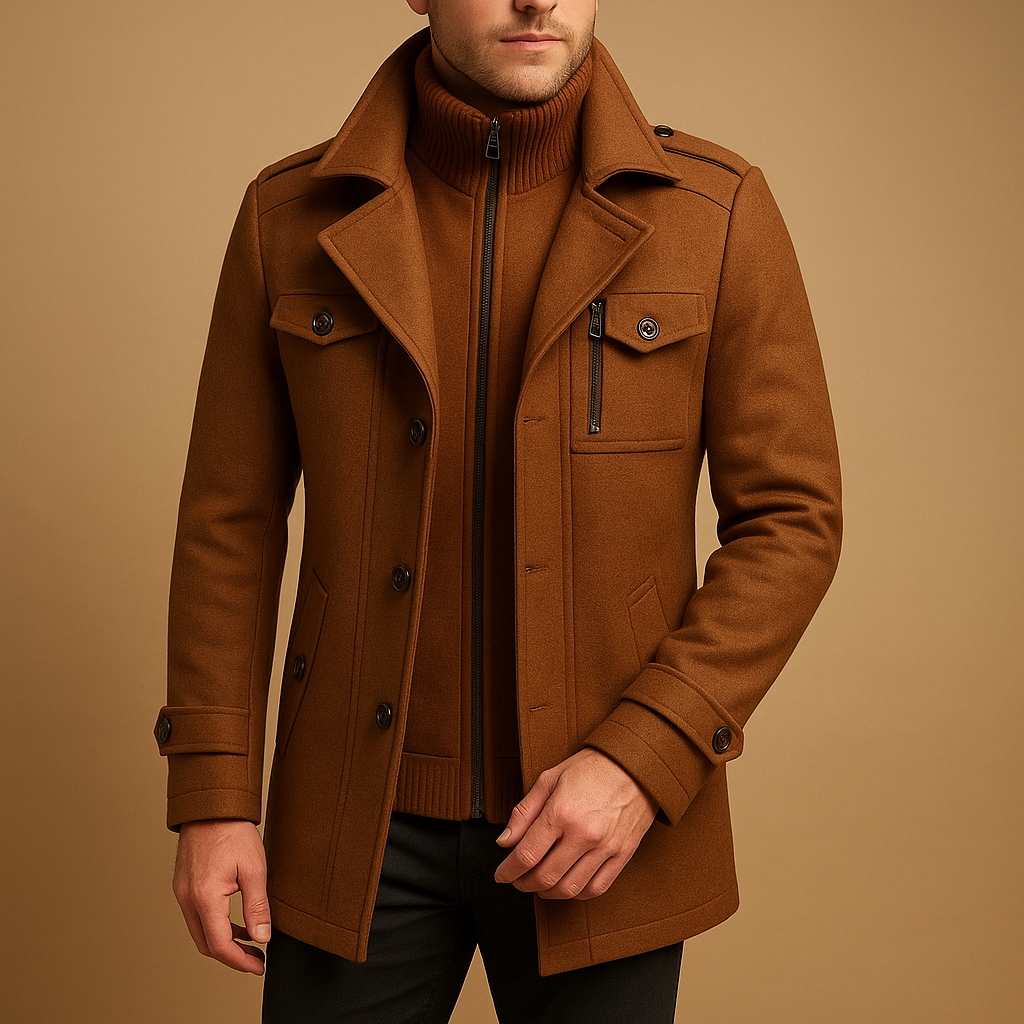 Men’s slim fit winter coat with tailored design and two-piece construction, perfect for formal and casual winter occasions.