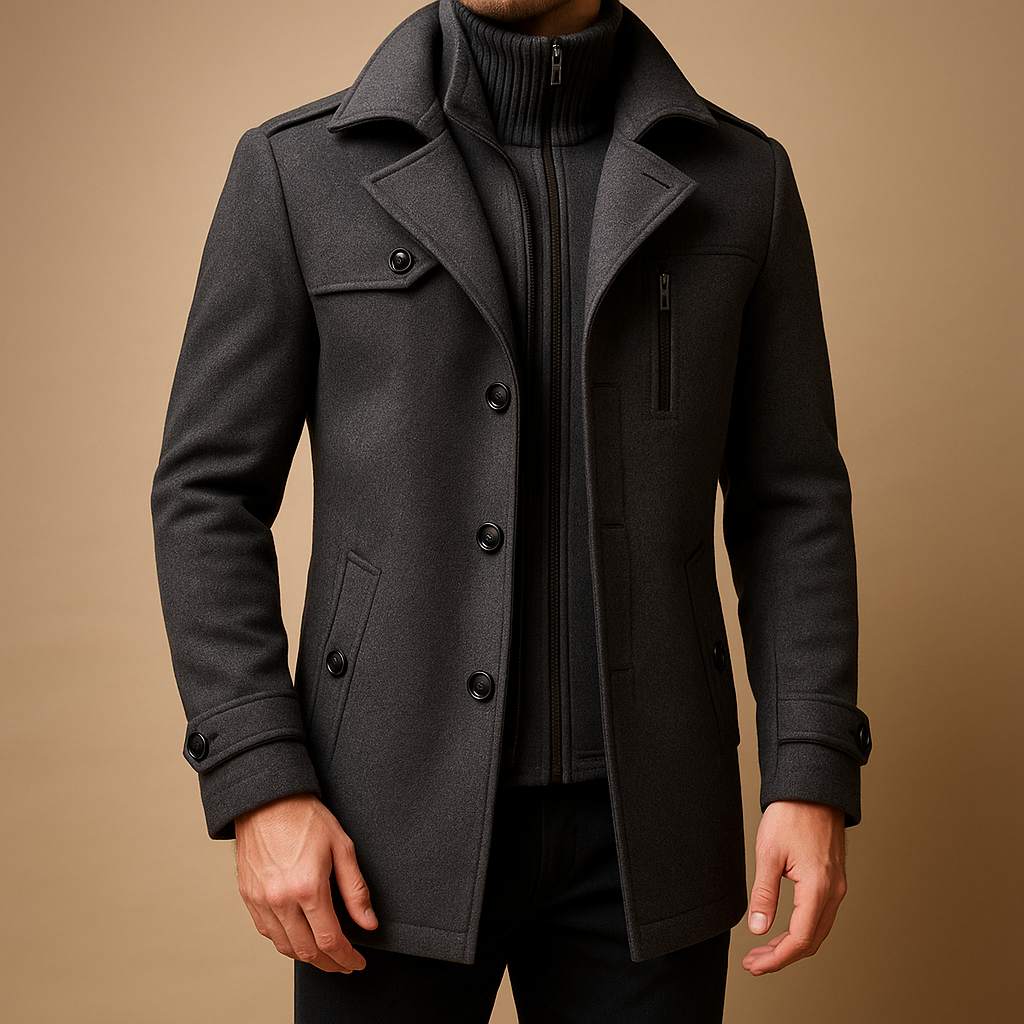 Men’s slim fit winter coat with tailored design and two-piece construction, perfect for formal and casual winter occasions.