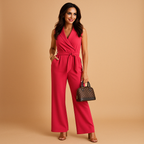 Women’s elegant wrap jumpsuit with wide-leg silhouette and tailored fit, perfect for formal occasions, work events, or stylish evenings.