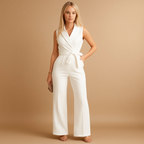Women’s elegant wrap jumpsuit with wide-leg silhouette and tailored fit, perfect for formal occasions, work events, or stylish evenings.