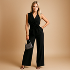 Women’s elegant wrap jumpsuit with wide-leg silhouette and tailored fit, perfect for formal occasions, work events, or stylish evenings.