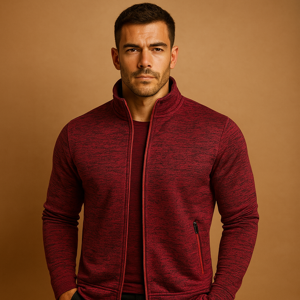 Men’s elegant zip cardigan with hidden zip pockets and handcrafted details, soft, wrinkle-free, and perfect for smart casual wear.
