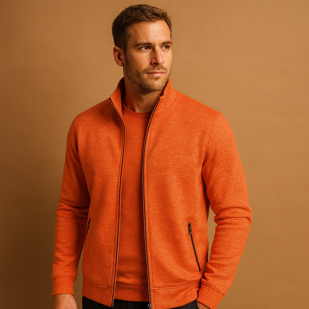 Men’s elegant zip cardigan with hidden zip pockets and handcrafted details, soft, wrinkle-free, and perfect for smart casual wear.