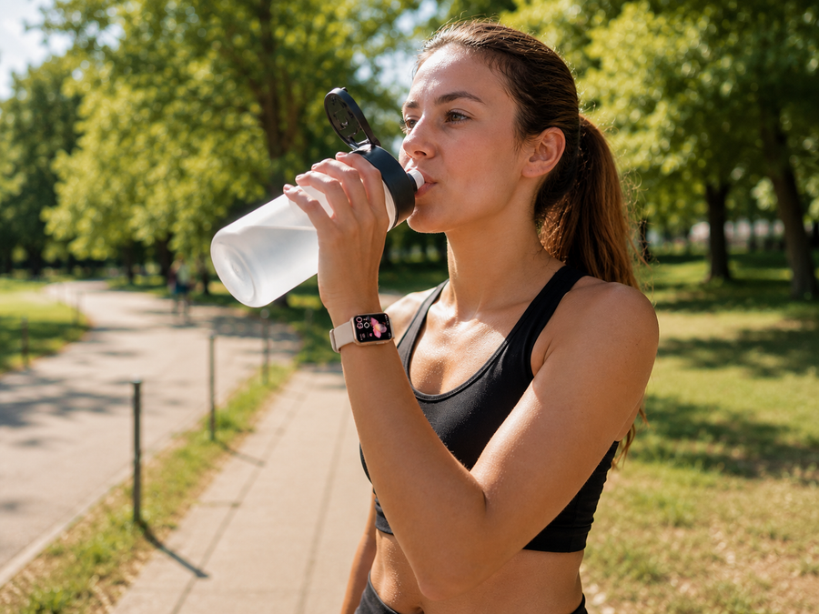 Smart fitness watch on wrist mid-run