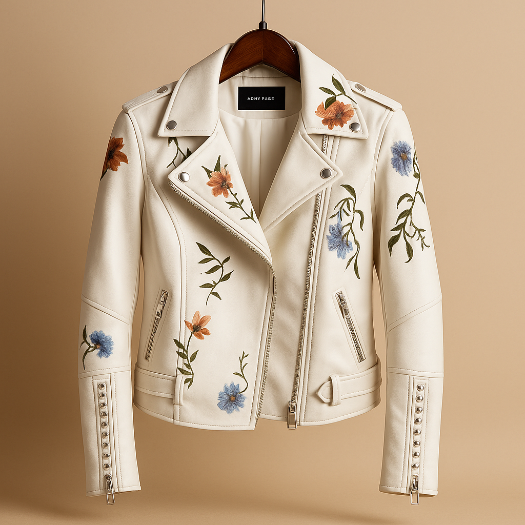 Fitted leather jacket for women with a tailored silhouette, zipper closure, and practical pockets. Available in black and beige for versatile styling.