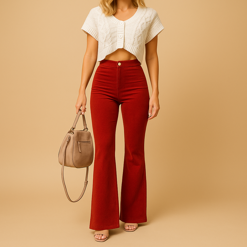 Women’s flared corduroy pants with high waist and eco-friendly stretch fabric, perfect for casual wear and chic outfits.