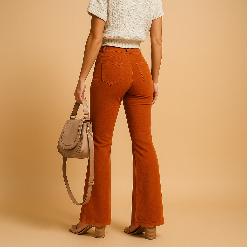 Women’s flared corduroy pants with high waist and eco-friendly stretch fabric, perfect for casual wear and chic outfits.