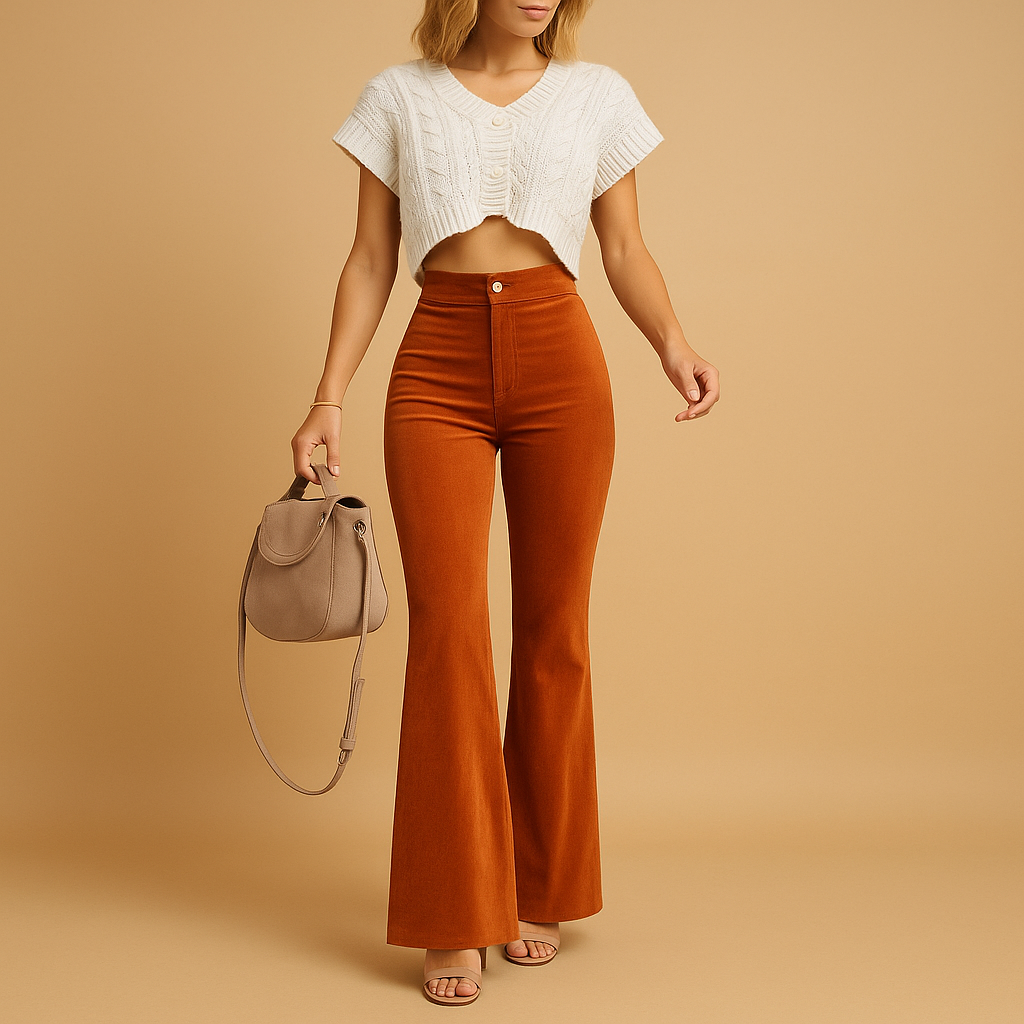 Women’s flared corduroy pants with high waist and eco-friendly stretch fabric, perfect for casual wear and chic outfits.