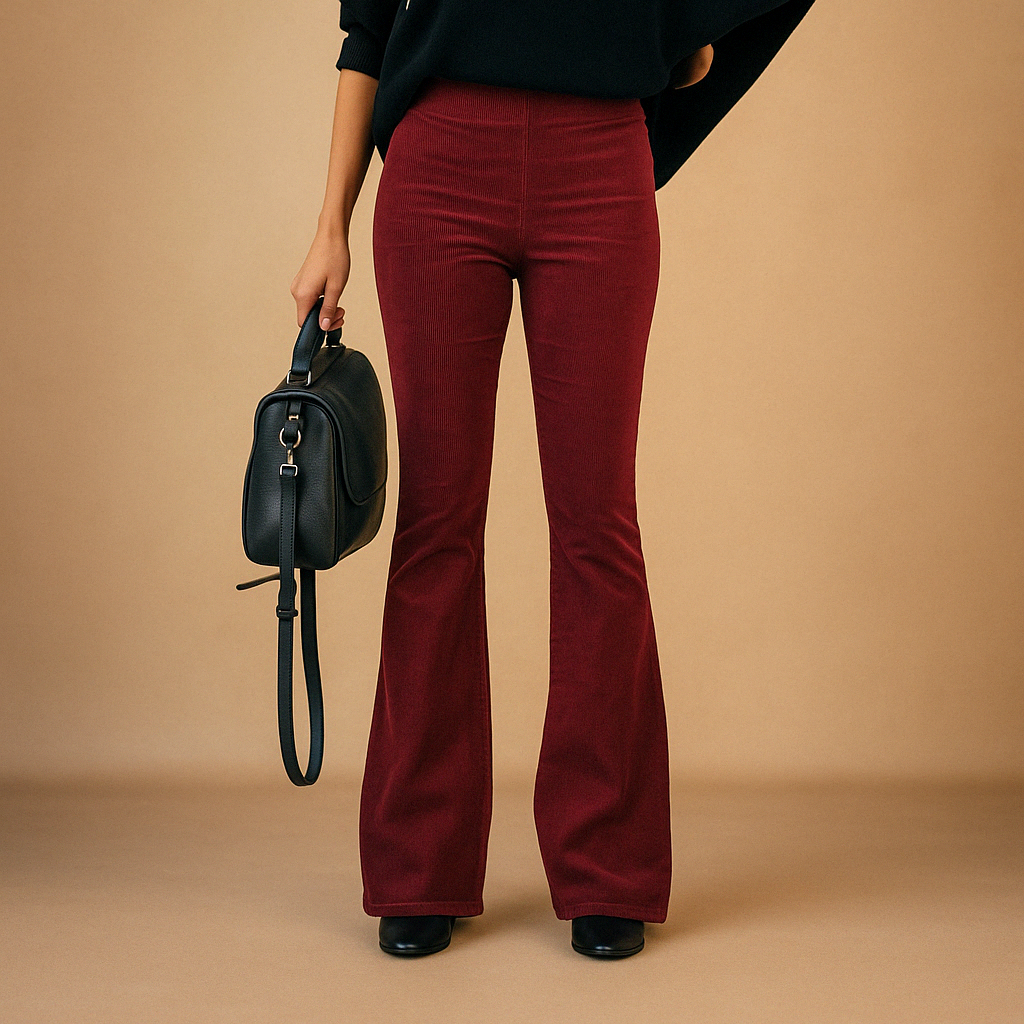 Women’s flared corduroy pants in soft ribbed fabric with a comfortable fit, available in multiple colors, perfect for casual or semi-formal looks.