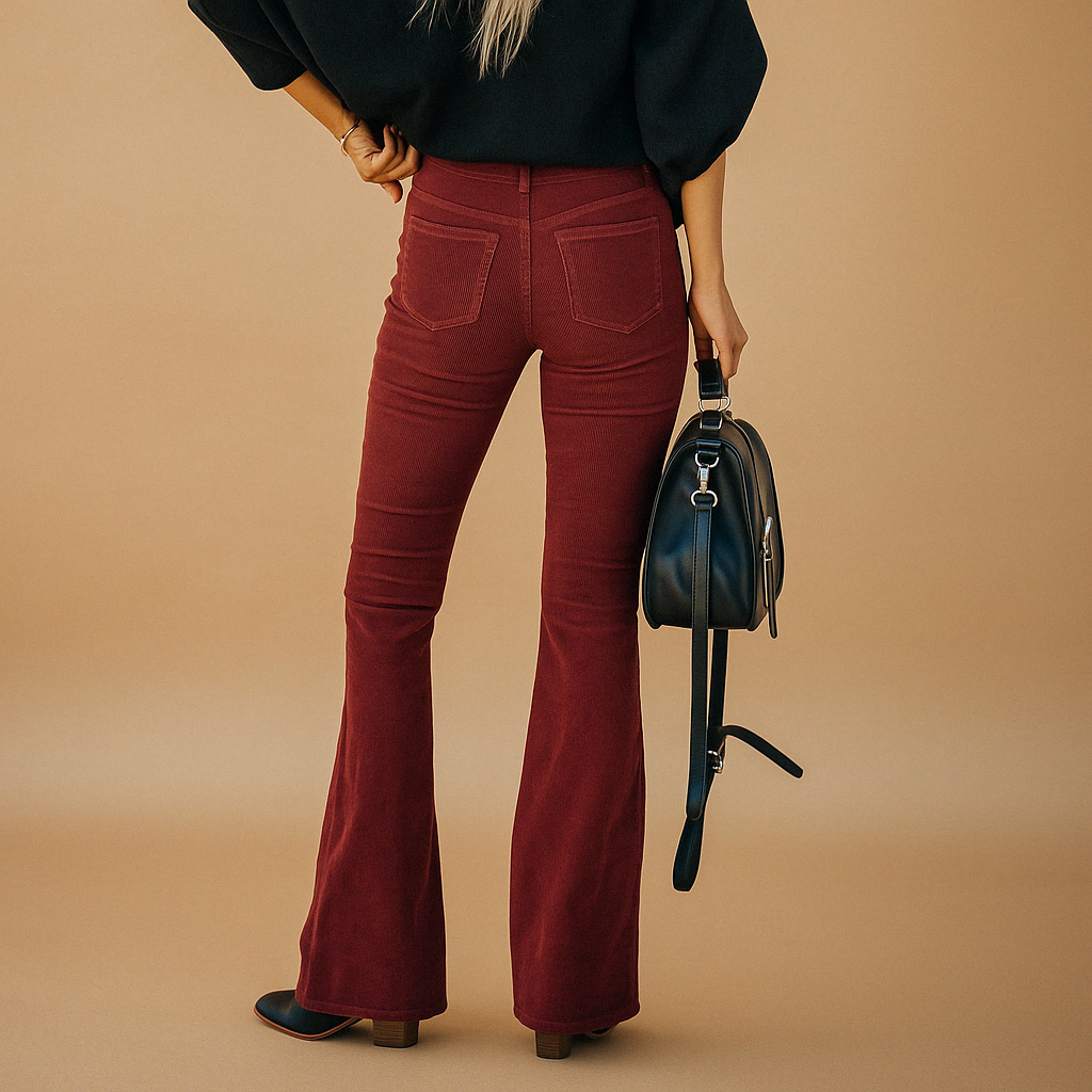 Women’s flared corduroy pants in soft ribbed fabric with a comfortable fit, available in multiple colors, perfect for casual or semi-formal looks.