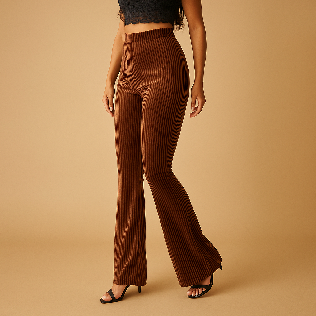 Women’s high waist flared corduroy pants with soft ribbed fabric, available in green, brown, and black. Perfect for casual or elegant looks.