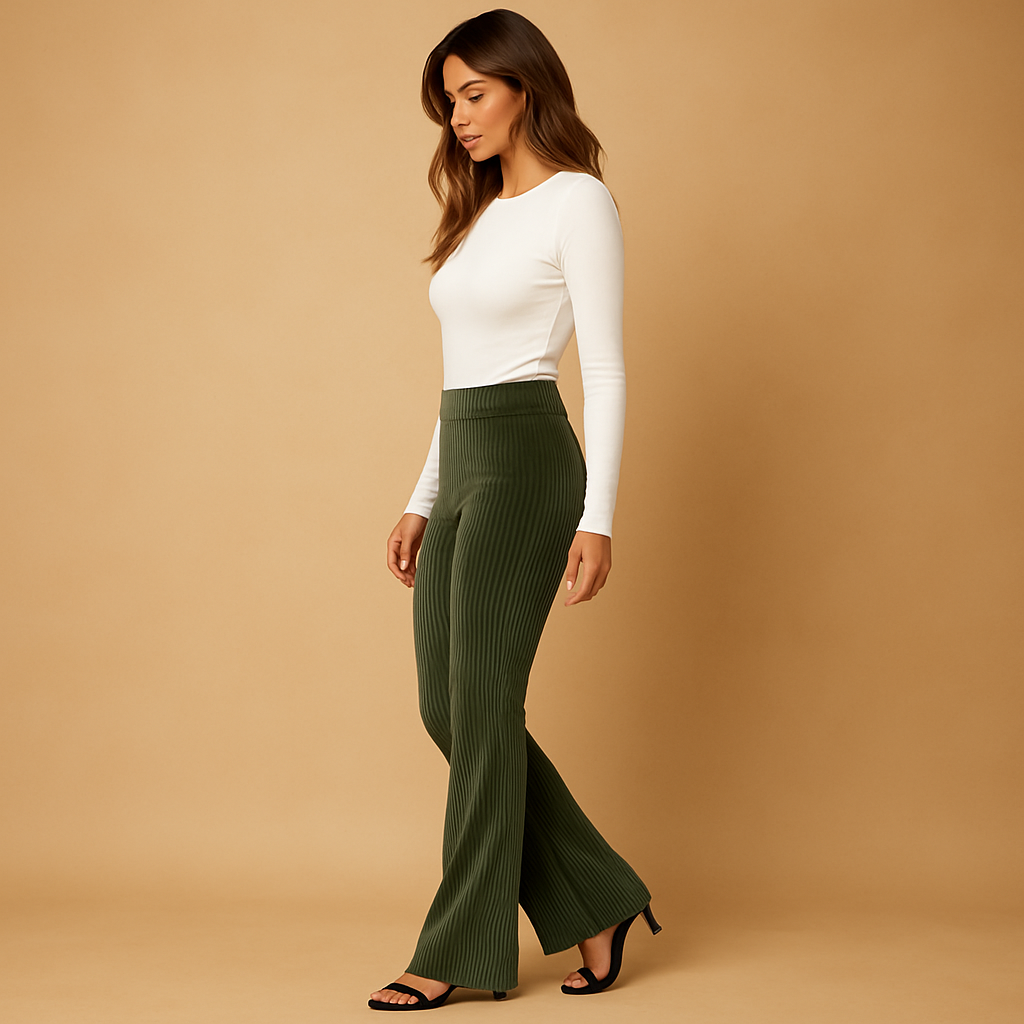 Women’s high waist flared corduroy pants with soft ribbed fabric, available in green, brown, and black. Perfect for casual or elegant looks.