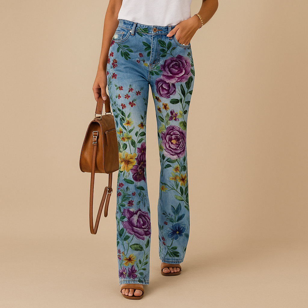 Women’s flared printed jeans with floral or butterfly designs, breathable fabric, and a relaxed fit, perfect for spring and summer outfits.