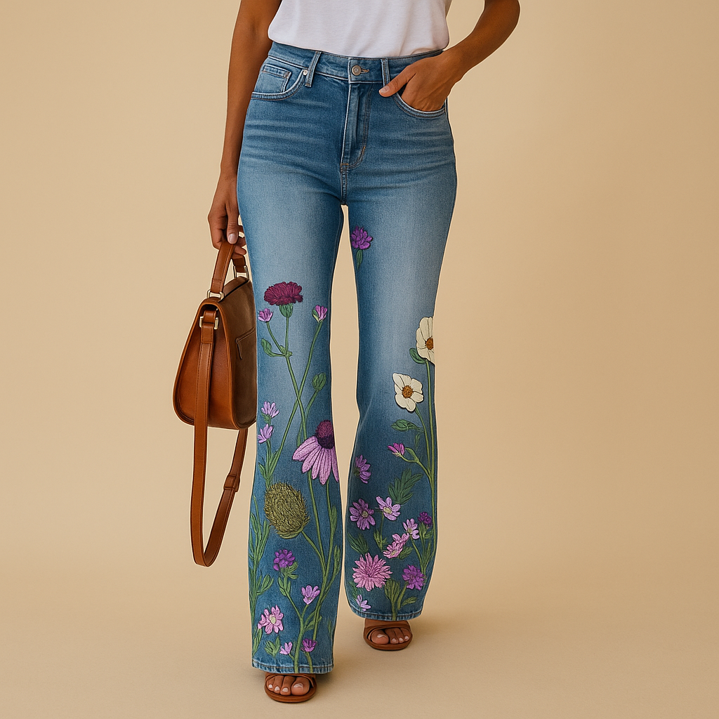 Women’s flared printed jeans with floral or butterfly designs, breathable fabric, and a relaxed fit, perfect for spring and summer outfits.