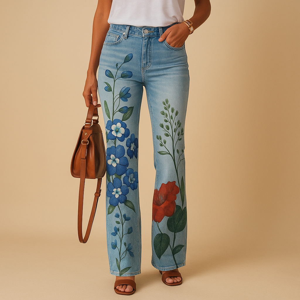 Women’s flared printed jeans with floral or butterfly designs, breathable fabric, and a relaxed fit, perfect for spring and summer outfits.