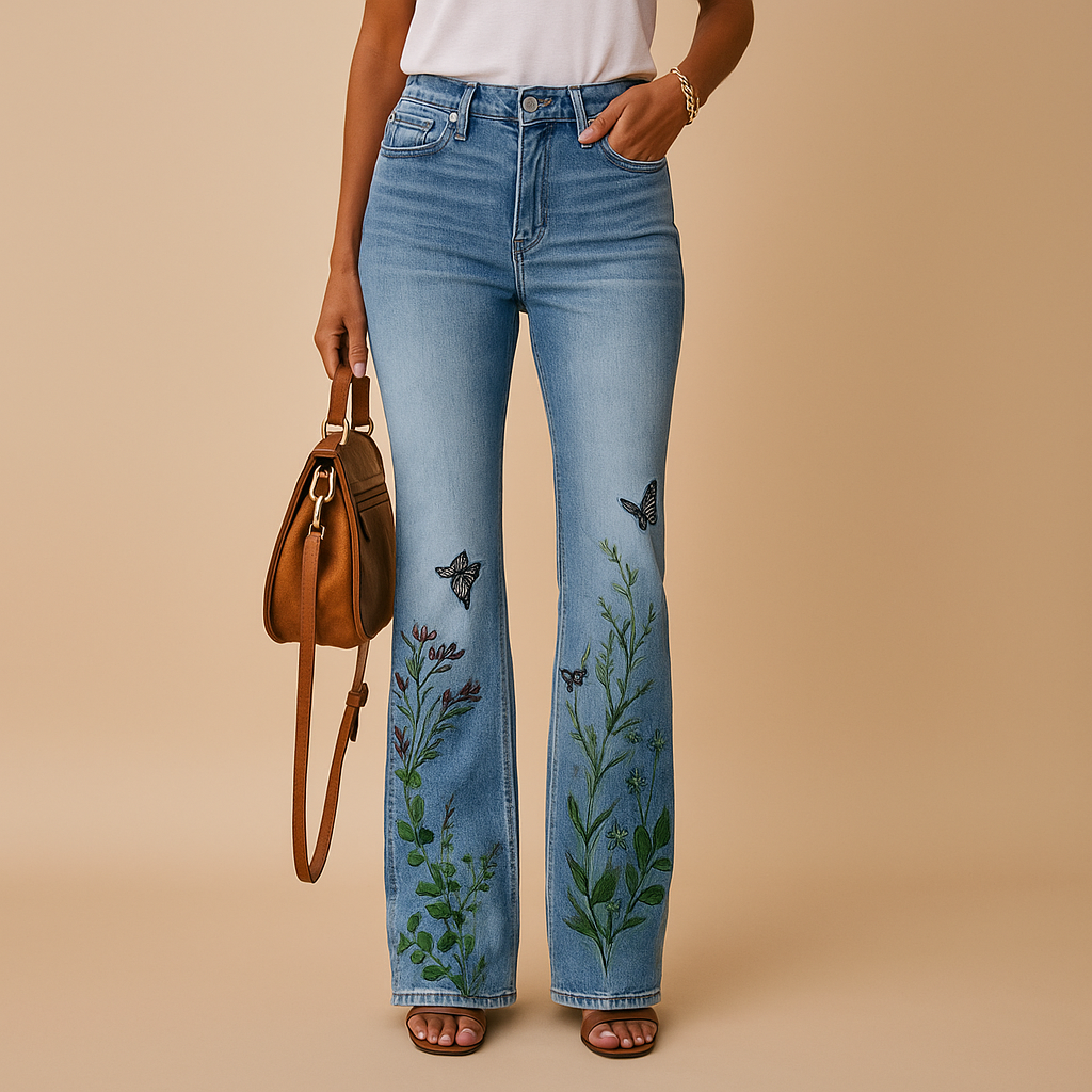 Women’s flared printed jeans with floral or butterfly designs, breathable fabric, and a relaxed fit, perfect for spring and summer outfits.